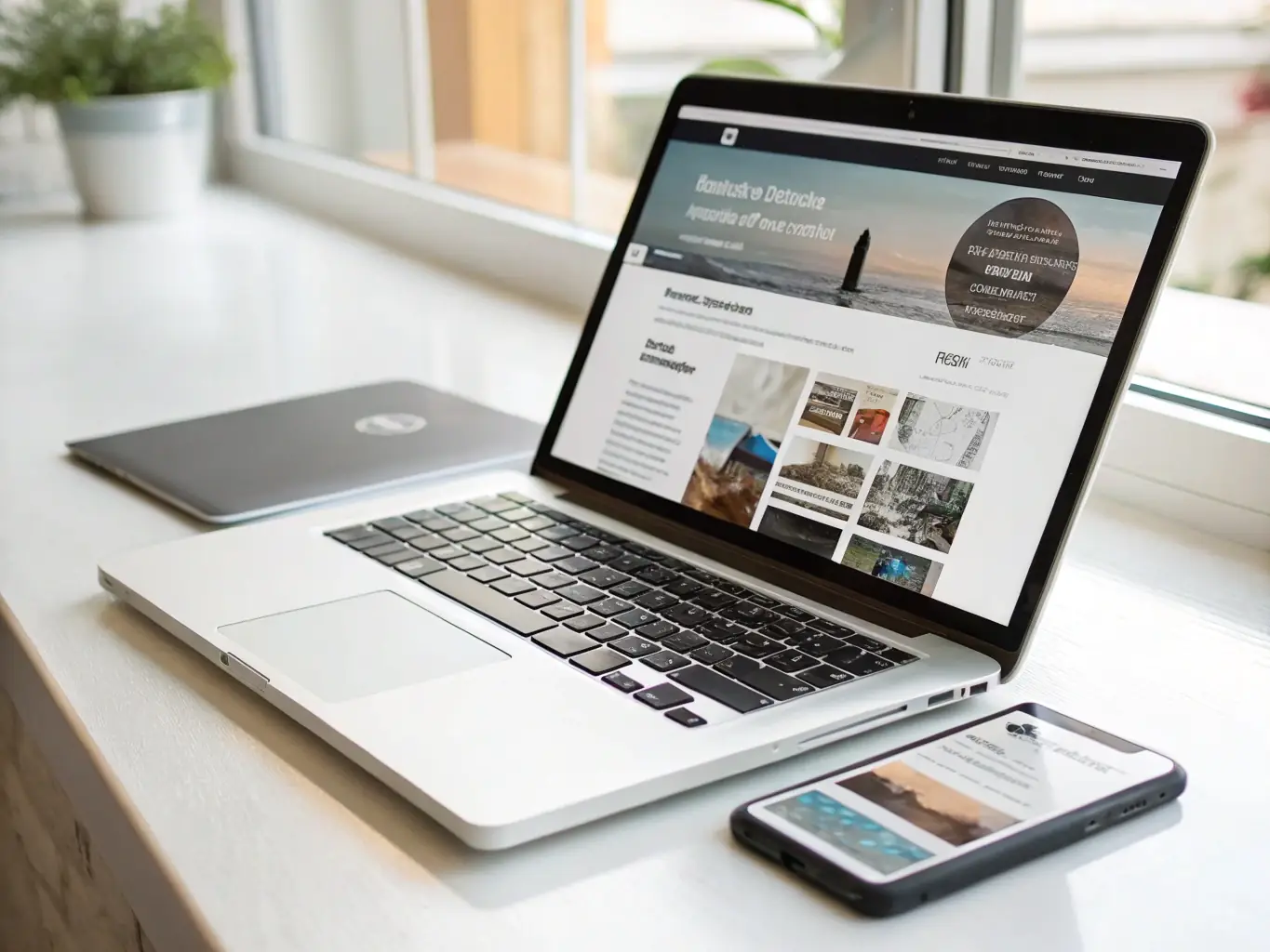 A sleek mockup of a modern WordPress website on a desktop and mobile device, showcasing a minimalist design with deep navy blue and teal accents.