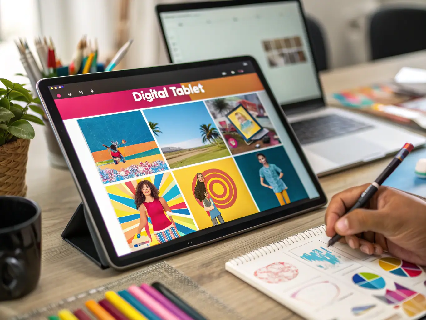 A collection of vibrant social media posts displayed on a tablet and smartphone, illustrating diverse content styles and branding elements.