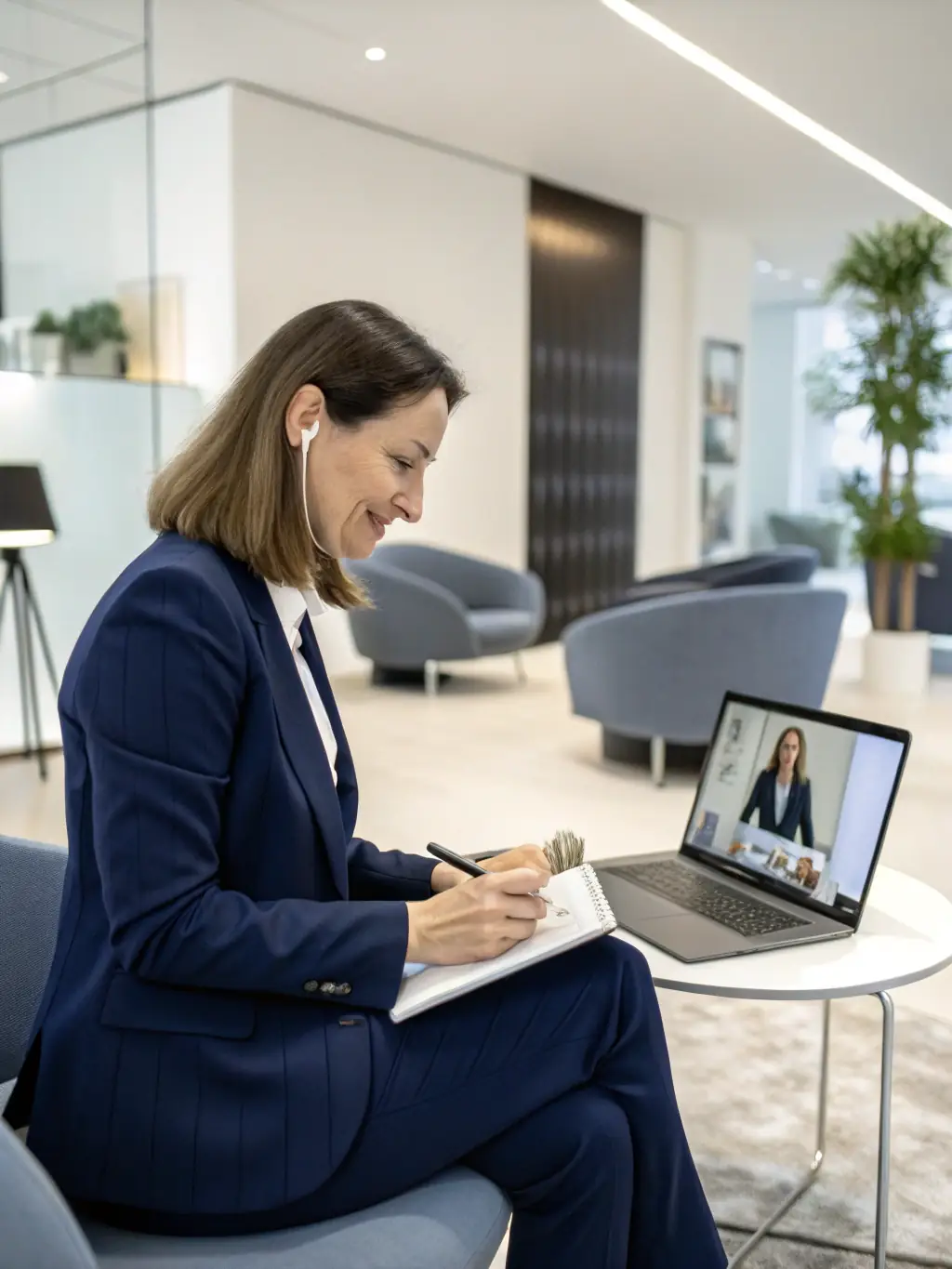 A professional headshot of a consultant in a virtual meeting, conveying expertise and personalized guidance, used to represent the one-on-one strategy calls offered by North Bridge Web Design.