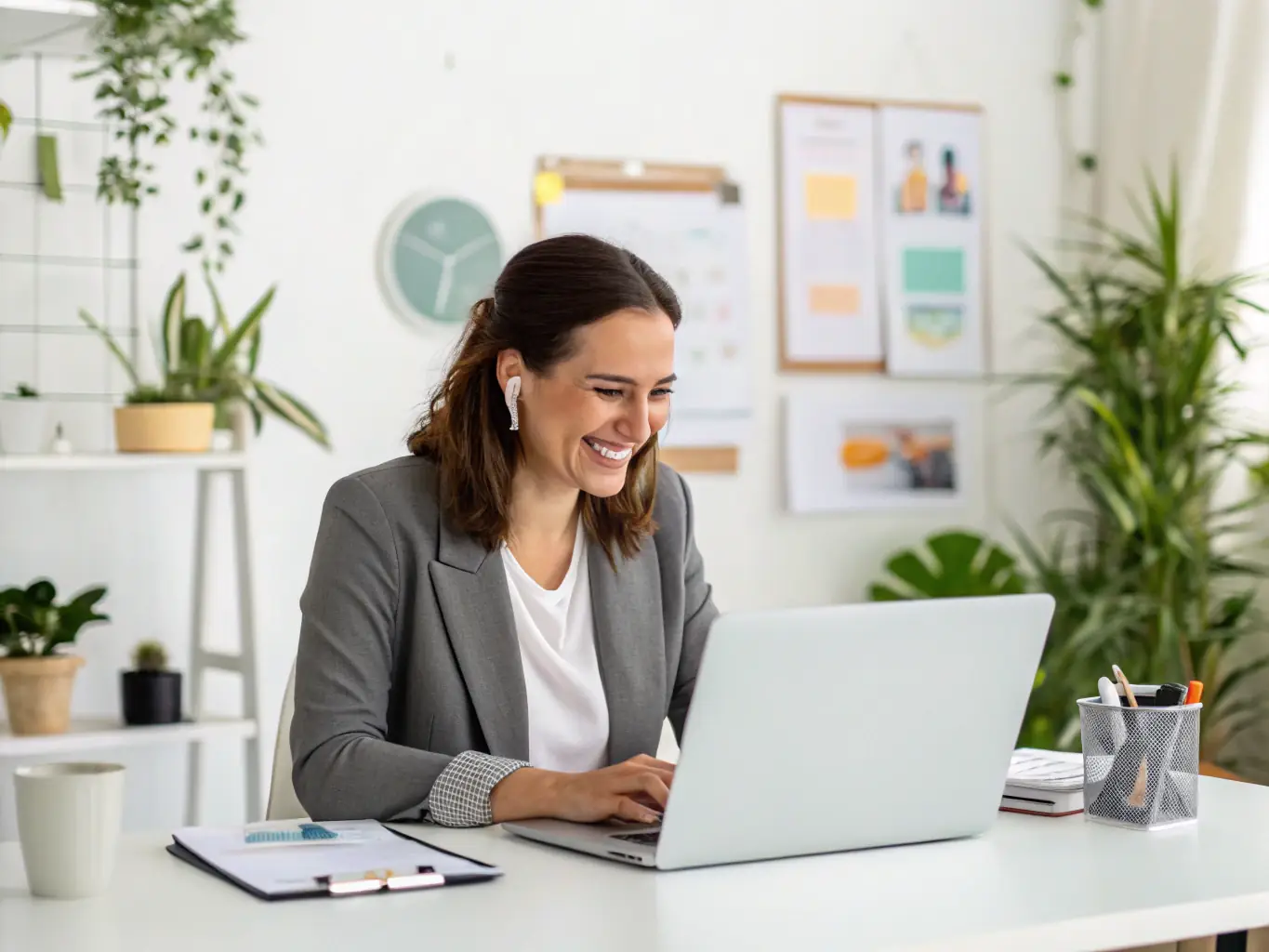 An image of a professional consultant on a video call with a client, with notes and strategic plans visible on the screen.